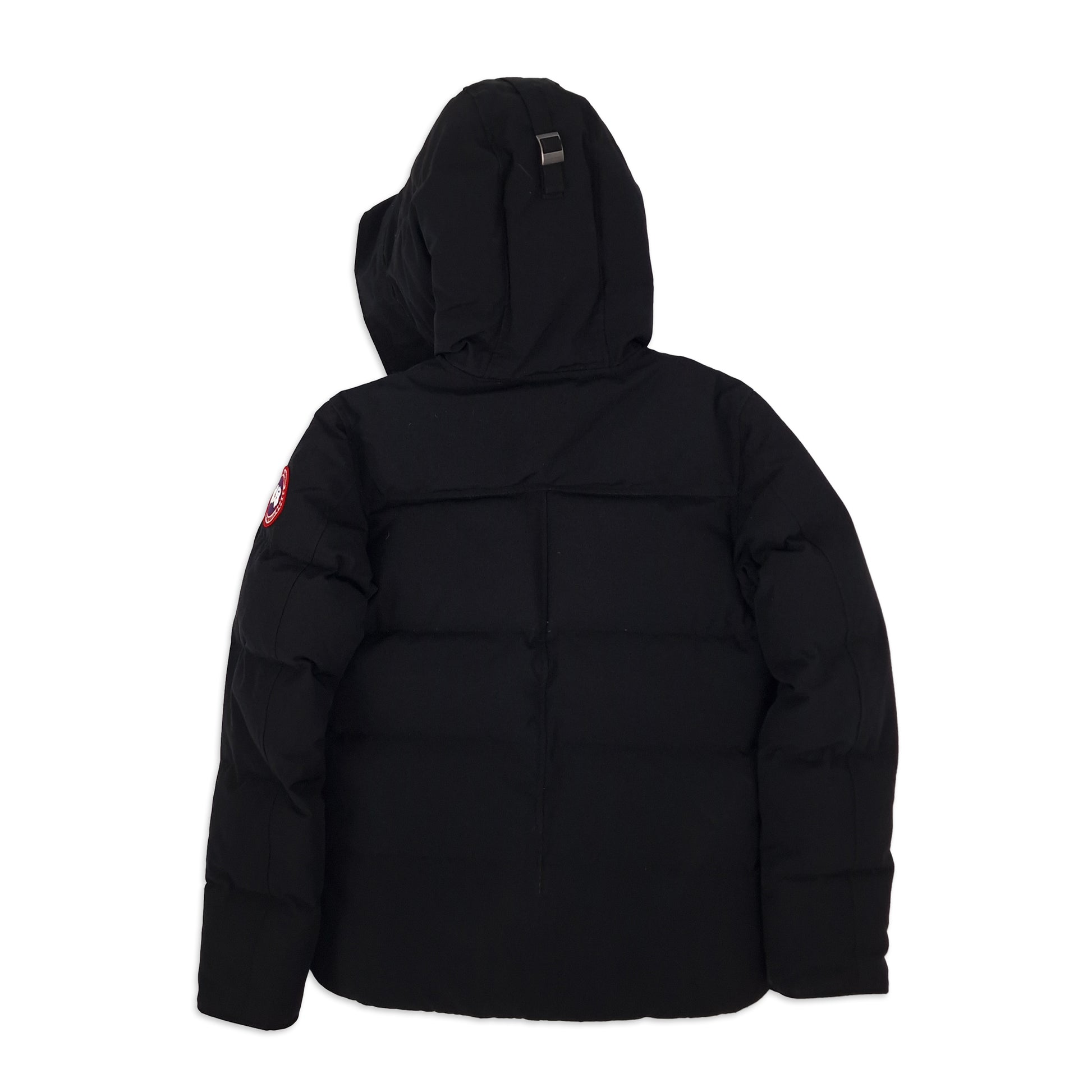 Canada Goose Macmillan Parka style 3804MA in black with hood raised, men's size small, featuring signature down-filled warmth and Arctic Program badge