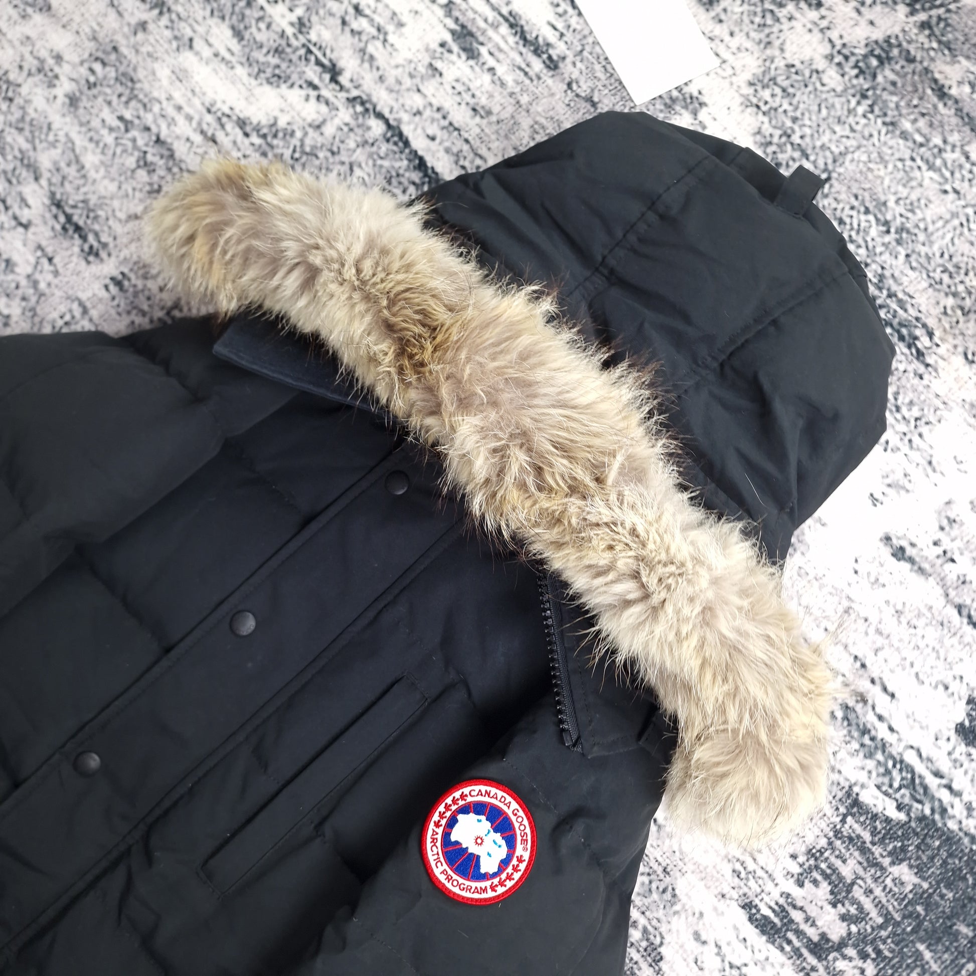 Canada Goose Carson Parka Black Men's Side View Showing Fur Hood and Badge Detail