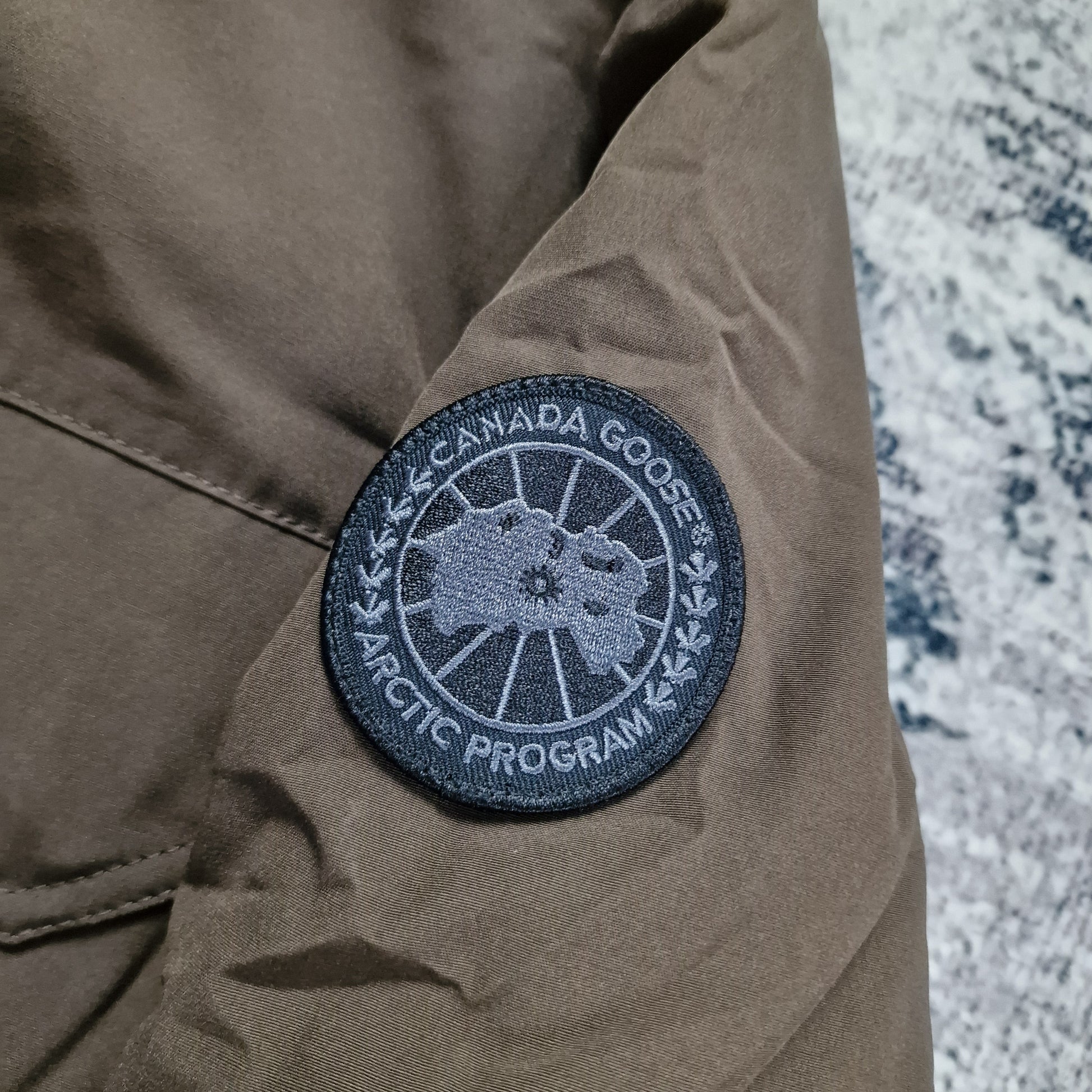 Canada Goose Badge Close-Up Detail on Maitland Parka Black Label Grizzly Brown Men's