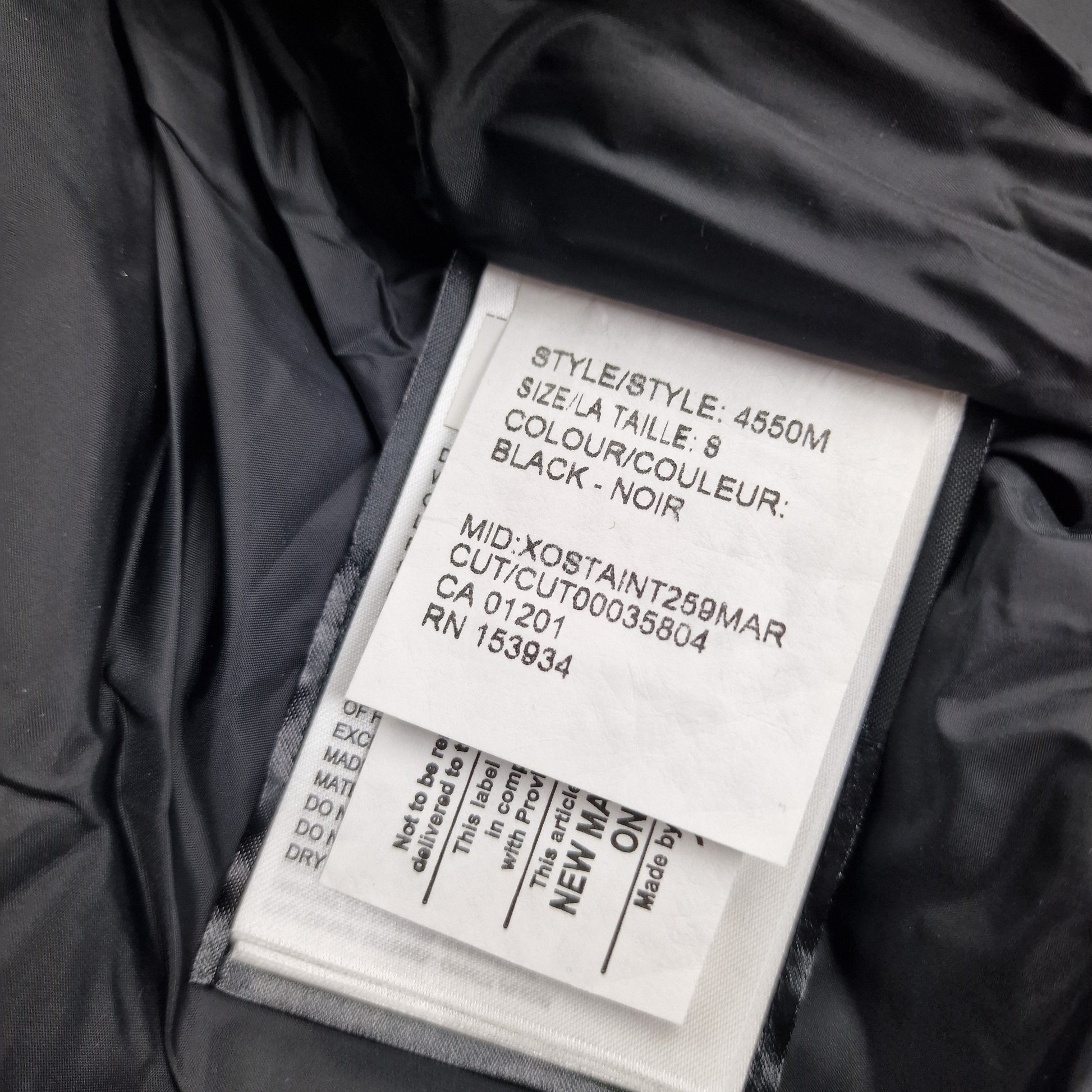 Canada Goose Maitland Parka White Wash Tag Close-Up with Size Color and Style Code Details