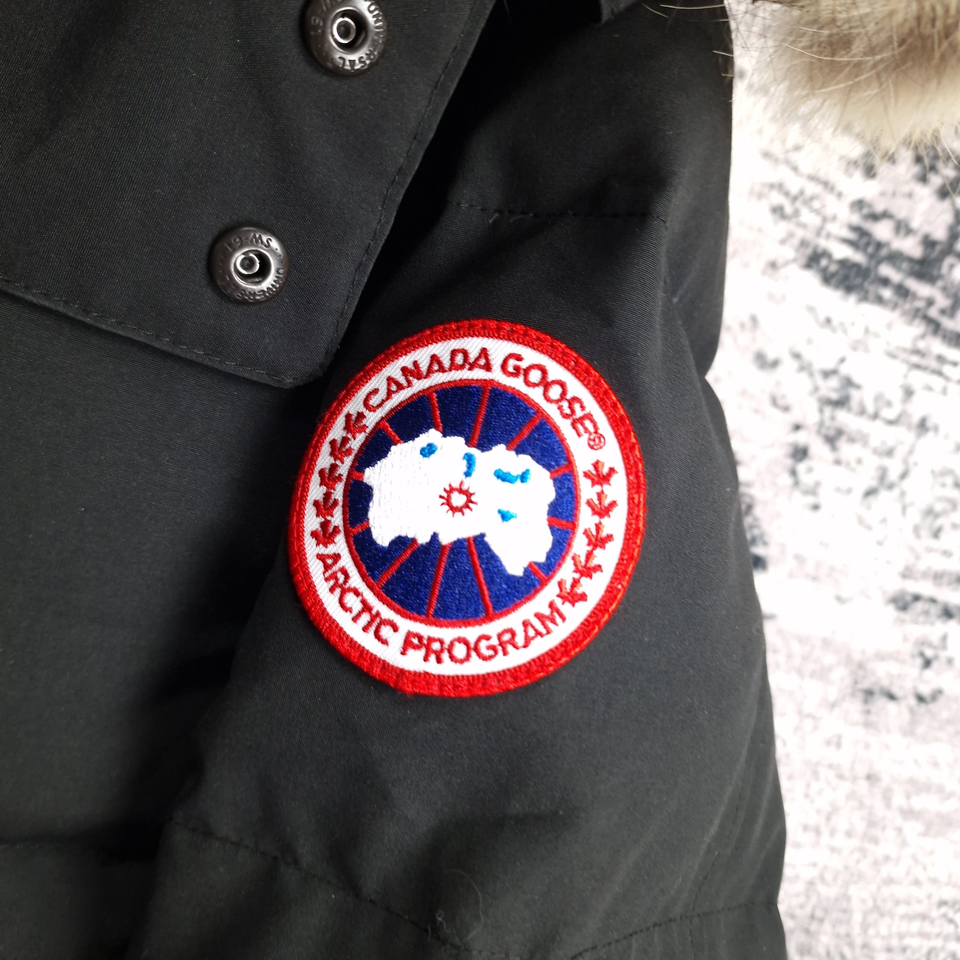 Canada Goose Badge Close-Up Detail on Wyndham Parka Black Men's