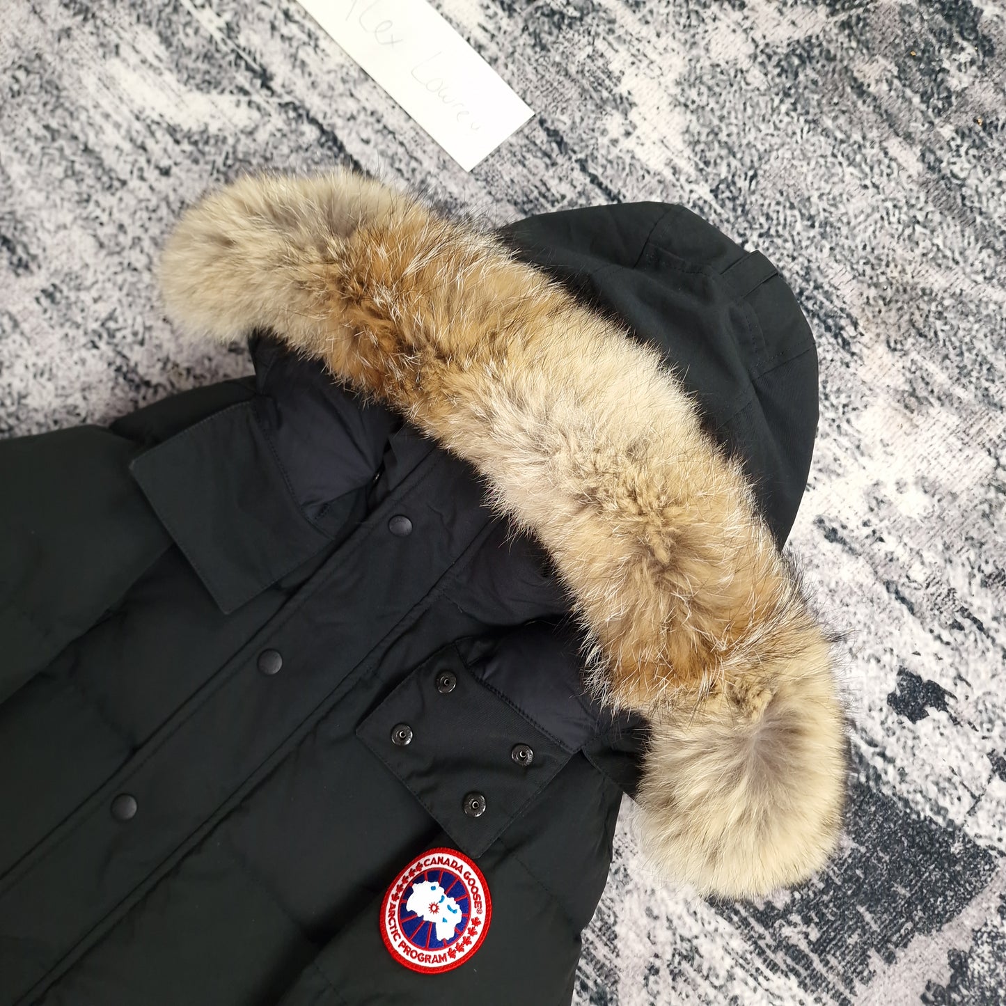 Canada Goose Wyndham Parka Heritage Black Men's Side View Showing Fur Hood and Badge Detail